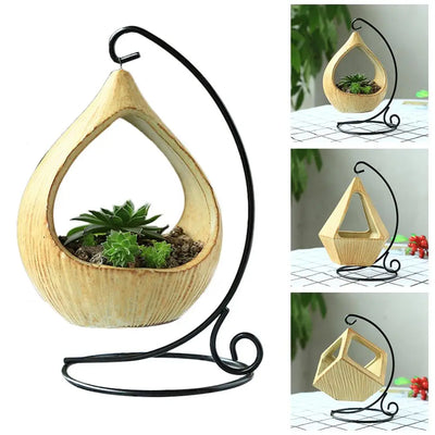 Hanging Wooden Air Plant Terrarium With Metal Stand