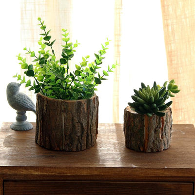 Vintage Round Table Decoration Plant Pot Style Wooden Desktop  Flowerpots Fake Tree Bark Succulent Plants Container