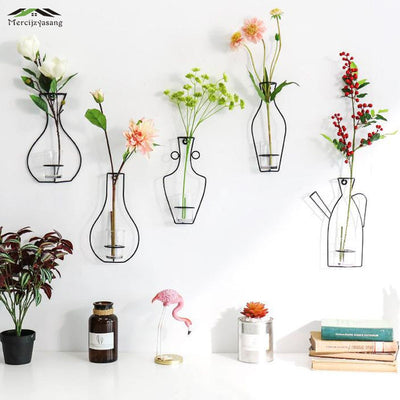 Flowers Vases Nordic Wall Metal Vase Plant Dried Floral Holder Black Line Wrought Iron for Home/Wedding Corridor Decoration G054