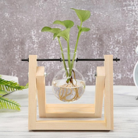 Transparent Glass Vase Wood Frame Iron Art Terrarium Bonsai Table Ornaments Glass and Wood Vase Planter Terrarium Table Desktop