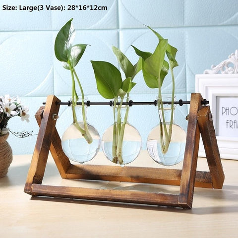 Transparent Glass Vase Wood Frame Iron Art Terrarium Bonsai Table Ornaments Glass and Wood Vase Planter Terrarium Table Desktop