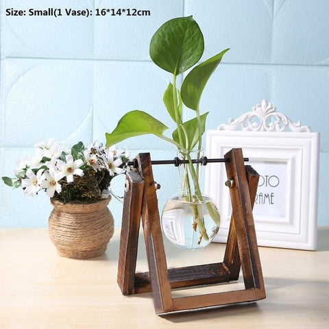 Transparent Glass Vase Wood Frame Iron Art Terrarium Bonsai Table Ornaments Glass and Wood Vase Planter Terrarium Table Desktop