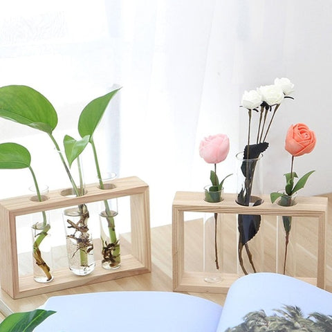 Transparent Glass Vase Wood Frame Iron Art Terrarium Bonsai Table Ornaments Glass and Wood Vase Planter Terrarium Table Desktop