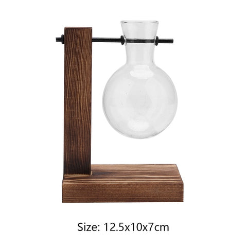 Transparent Glass Vase Wood Frame Iron Art Terrarium Bonsai Table Ornaments Glass and Wood Vase Planter Terrarium Table Desktop