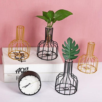 Nordic Style Iron Vase Home Decoration Geometric Glass Iron Line Dried Flowers Vase Metal Plant Holder Modern Solid Home Decor