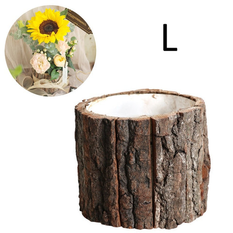 Wooden Flower Vase Round Plant Flower Pot Table Decorative Wooden Desktop Flowerpot Fake Tree Bark Succulent Plants Container