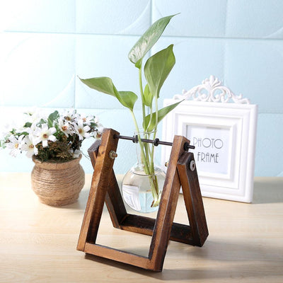 Glass and Wood Vase Planter Terrarium Table Desktop Hydroponics Plant Bonsai Flower Pot Hanging Pots with Wooden Tray Home Decor