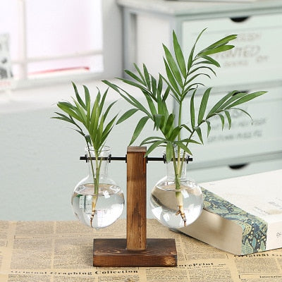 Terrarium Vasevase Decoration Home Bonsai Flower Plant Vases Vintage Flower Pot Transparent Wooden Frame Glass Tabletop Plants