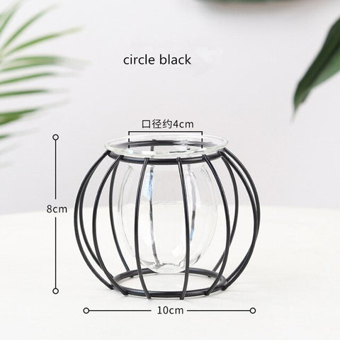 Nordic Style Golden Black Glass Hydroponic Iron Line Flower Vase Metal Plant Holder Vases Ornament Modern Home Decor