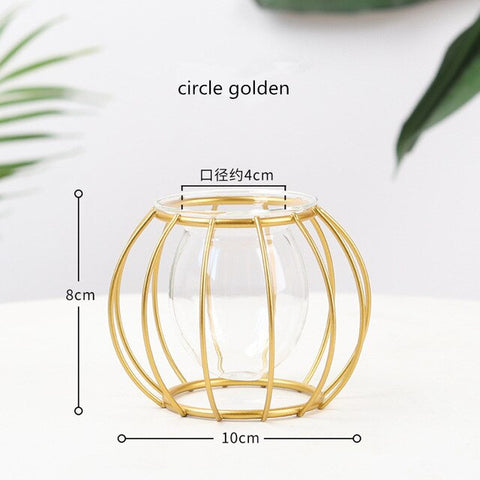 Nordic Style Golden Black Glass Hydroponic Iron Line Flower Vase Metal Plant Holder Vases Ornament Modern Home Decor