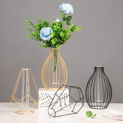 Nordic Golden Glass Vase Terrarium Geometric Iron Line Vase Hydroponic Plant Flower Vase Metal Plant Holder Home Decor Modern